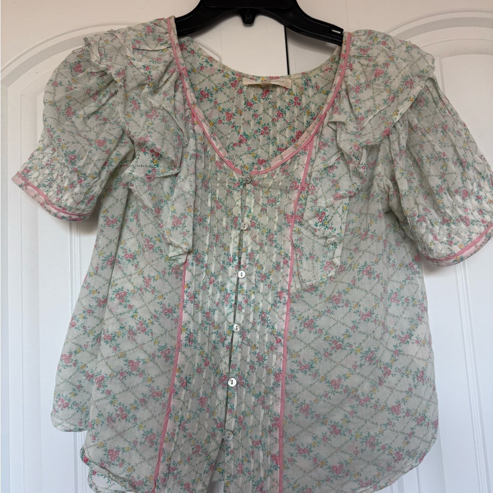 LoveShackFancy Floral Blouse - Pink and Green ruffles romantic 💘 - Picture 2 of 5